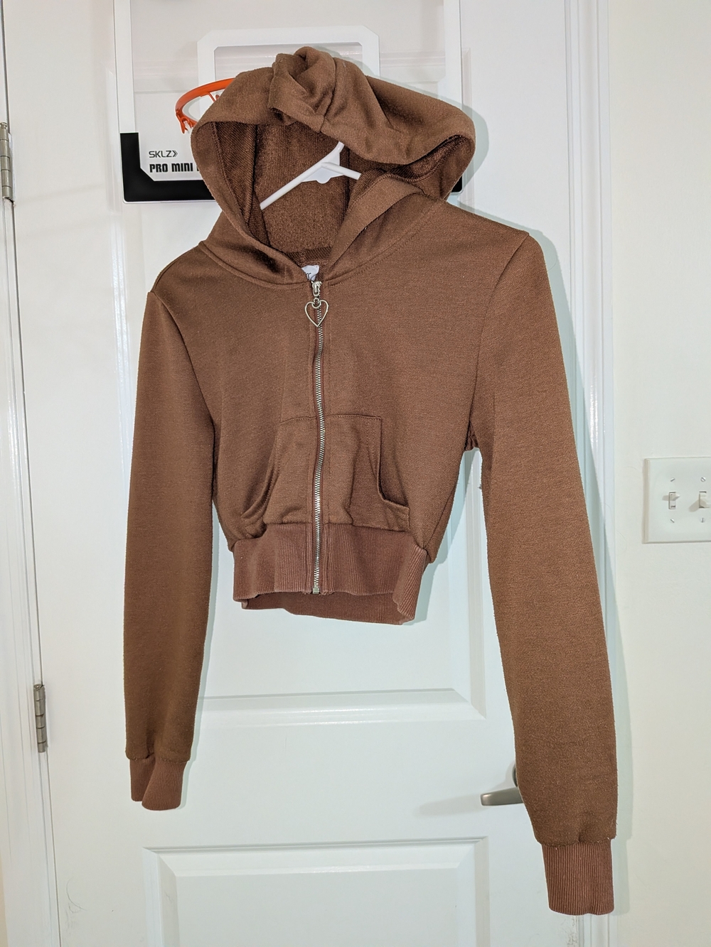 Princess Polly Brown Cropped Zip Hoodie with Heart Pull